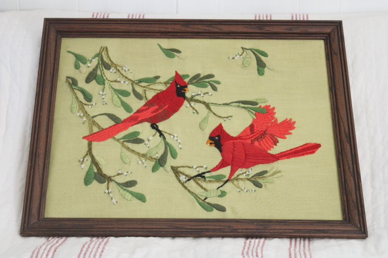 vintage crewel embroidery on linen, framed picture red cardinal birds on green winter holiday decor