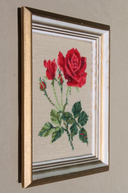 vintage crewel wool needlepoint picture, pink rose & rosebuds framed needlework