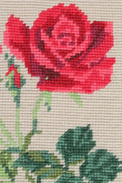 vintage crewel wool needlepoint picture, pink rose & rosebuds framed needlework