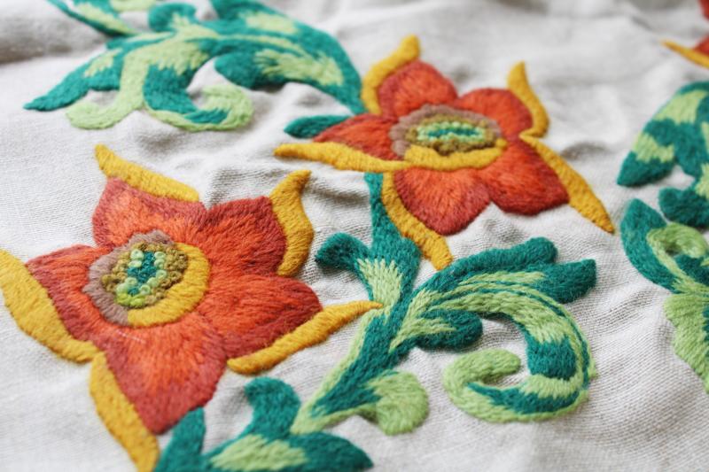vintage crewelwork wool embroidery on flax linen, chair seats or cushions orange flowers