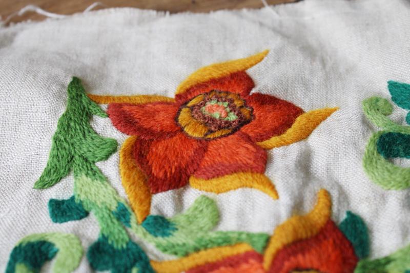 vintage crewelwork wool embroidery on flax linen, chair seats or cushions orange flowers