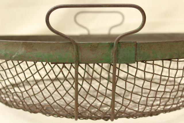 vintage crimped wire basket, rustic kitchen colander / strainer or egg basket