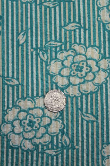 vintage crinkle cotton plisse, cool lightweight fabric w/ retro turquoise print