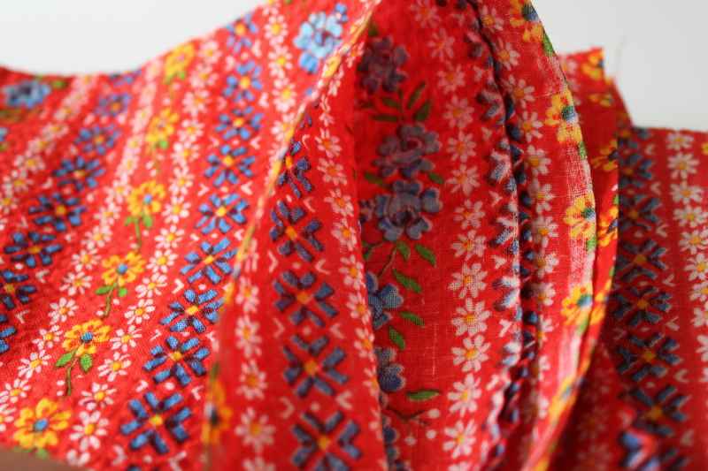 vintage crinkle cotton plisse fabric, folk art style stripes flowers on red