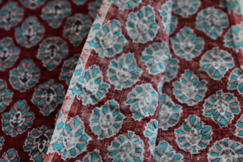 vintage crinkle cotton plisse, soft light fabric w/ leaf print, coral, aqua, rust