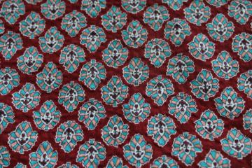 vintage crinkle cotton plisse, soft light fabric w/ leaf print, coral, aqua, rust