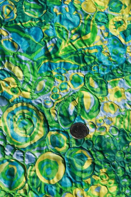 vintage crinkle pucker texture lightweight poly 'silk' fabric, green blue yellow floral
