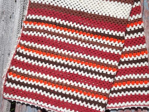 vintage crochet acrylic afghan, stripes in orange, indian blanket red