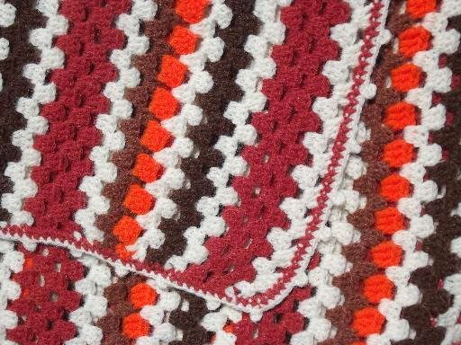vintage crochet acrylic afghan, stripes in orange, indian blanket red
