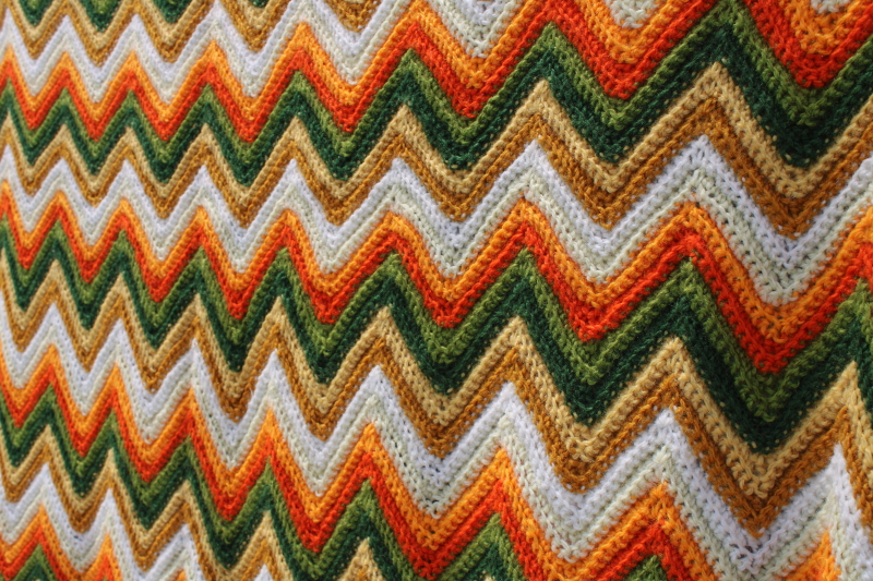 vintage crochet afghan blanket, retro ripple stripes orange gold green fall colors