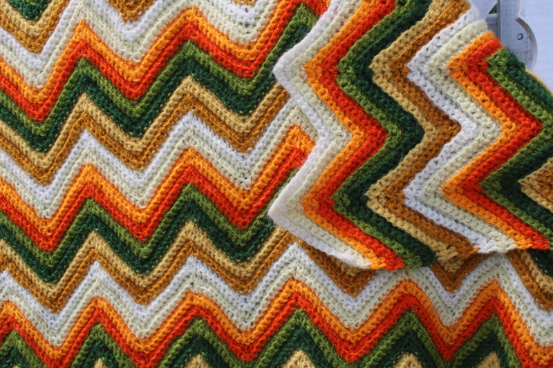 vintage crochet afghan blanket, retro ripple stripes orange gold green fall colors