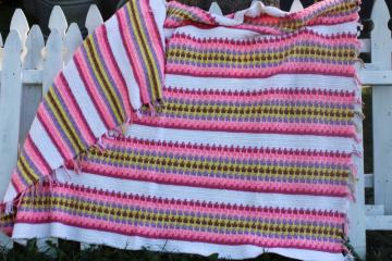 vintage crochet afghan blanket, southwest style sunset colors pink lavender yellow w/ white