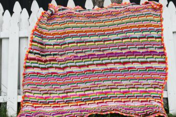 vintage crochet afghan, hippie bohemian retro, bright color stripes mosaic stitch