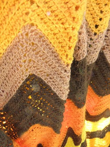 vintage crochet afghan in fall colors, gold, brown, orange chevrons