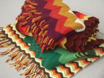 vintage crochet afghan lot, a whole stack of afghans in retro fall colors