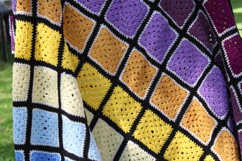 vintage crochet afghan or bedspread, retro acrylic rainbow color blocks w/ black