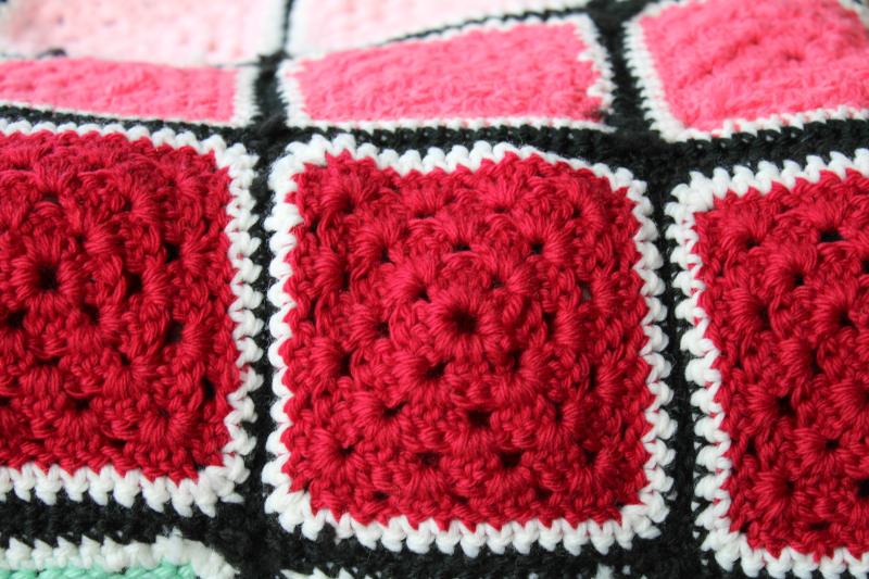 vintage crochet afghan or bedspread, retro acrylic rainbow color blocks w/ black