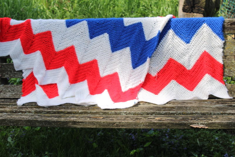 vintage crochet afghan, patriotic red white and blue striped throw or picnic blanket