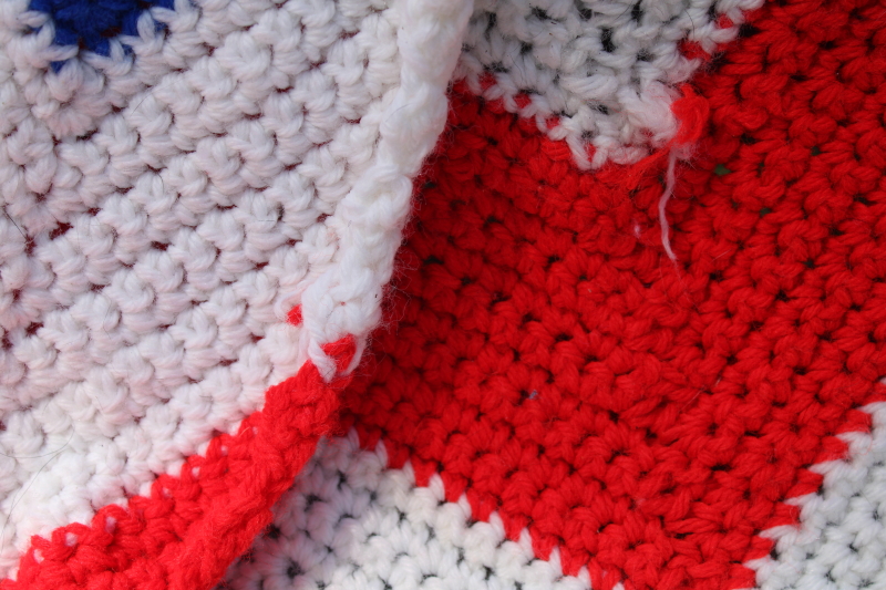 vintage crochet afghan, patriotic red white and blue striped throw or picnic blanket