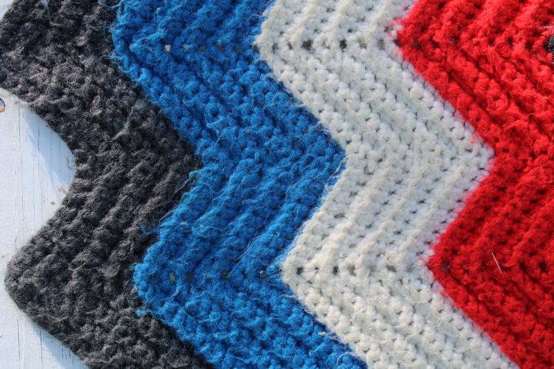 vintage crochet afghan, patriotic red white blue summer festival picnic blanket