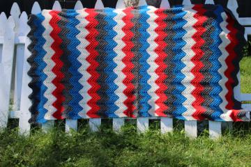 vintage crochet afghan, patriotic red white blue summer festival picnic blanket