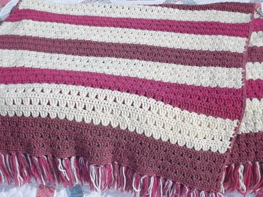 vintage crochet afghan, retro raspberry, cream & rose pink stripes 