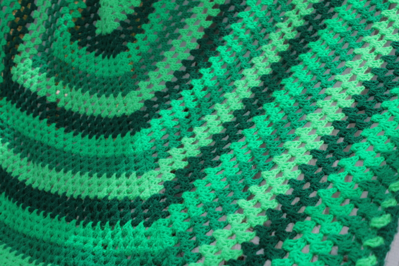 vintage crochet afghan, shades of green giant granny square throw blanket or shawl