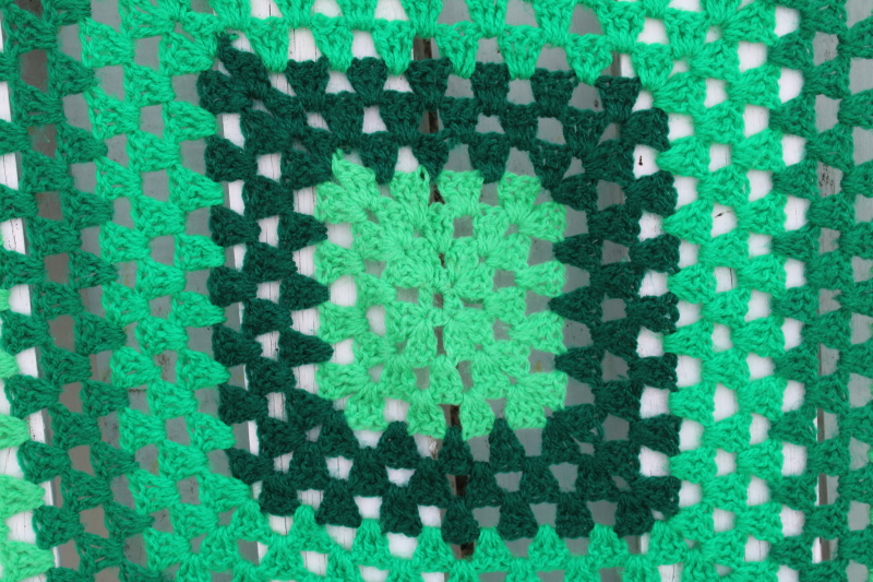 vintage crochet afghan, shades of green giant granny square throw blanket or shawl