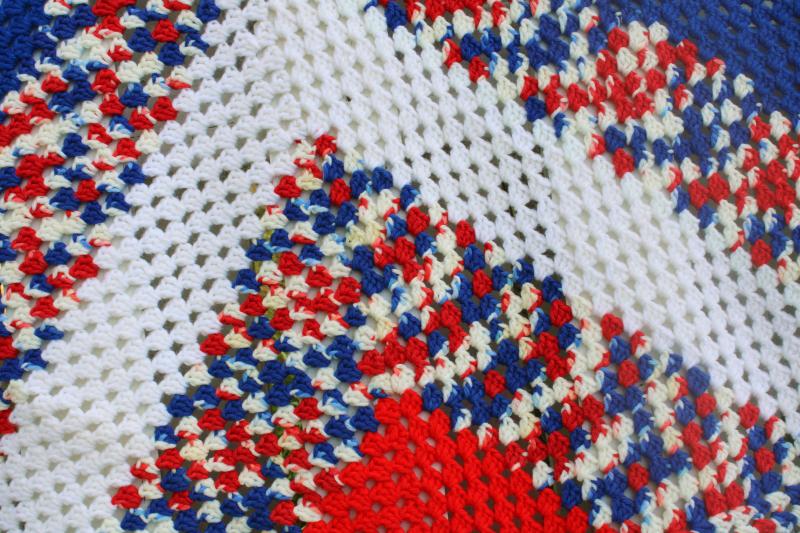 vintage crochet afghan square throw blanket American pride patriotic red white blue