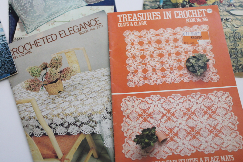 vintage crochet booklets, lace doilies, tablecloths, linens, lot of digest size pattern books