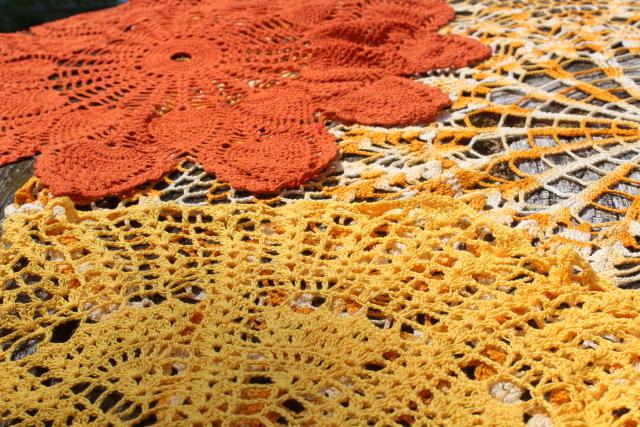 vintage crochet doilies, handmade crocheted lace table covers in fall autumn colors
