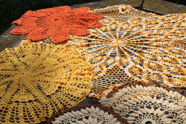 vintage crochet doilies, handmade crocheted lace table covers in fall autumn colors