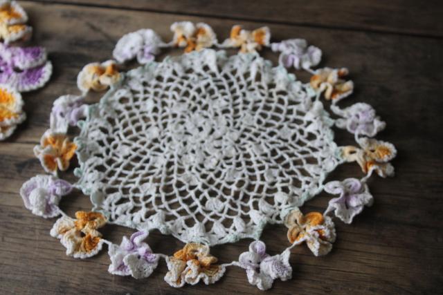 vintage crochet doilies w/ pansy border, colored cotton thread crocheted flower edging