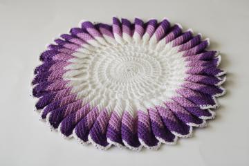 vintage crochet doily, lavender & purple pleated ruffled crocheted lace