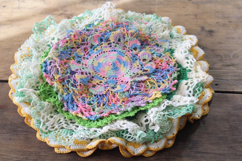 vintage crochet doily lot, doilies in bright & pastel colors for spring