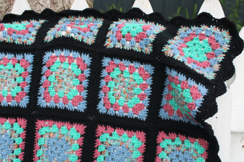 vintage crochet granny square afghan, retro bedspread black w/ pink, green, blue