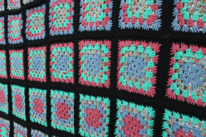 vintage crochet granny square afghan, retro bedspread black w/ pink, green, blue