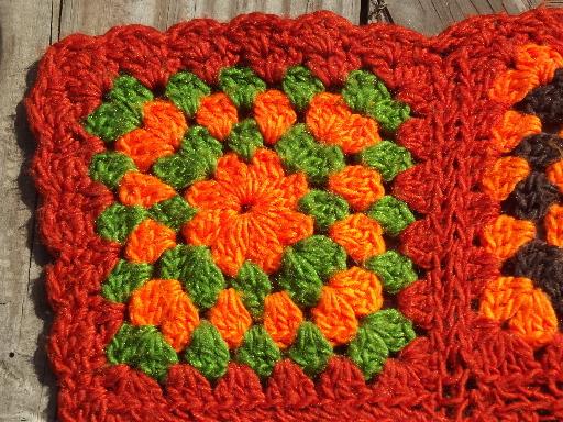vintage crochet granny square afghan, soft and cozy autumn harvest colors