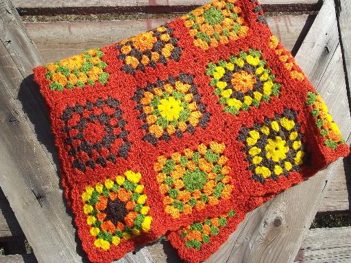 vintage crochet granny square afghan, soft and cozy autumn harvest colors