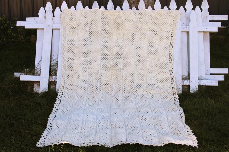 vintage crochet granny squares afghan in creamy ivory white, farmhouse neutral decor