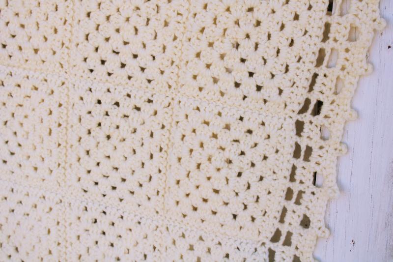 vintage crochet granny squares afghan in creamy ivory white, farmhouse neutral decor