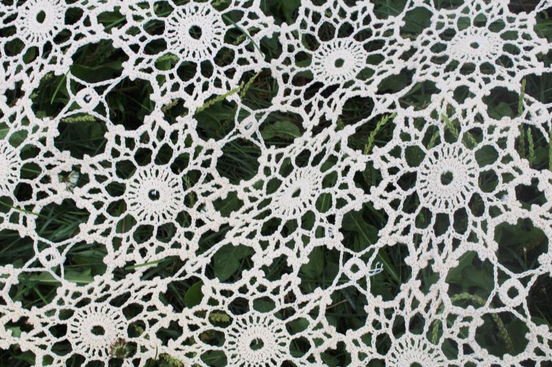 vintage crochet lace bedspread, lacy cobweb pattern bed cover made for a headboard double bed