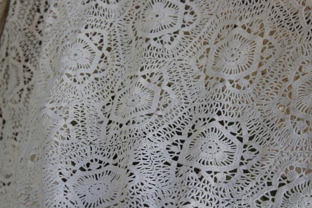 vintage crochet lace bedspread or throw, hexies motifs heavy ivory cotton