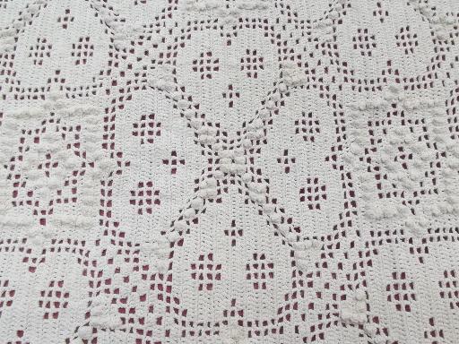 vintage crochet lace cotton bedspread coverlet, hearts w/ popcorn bobbles