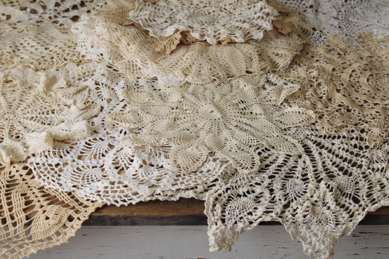 vintage crochet lace doily lot, cottage style shabby chic lace doilies large sizes
