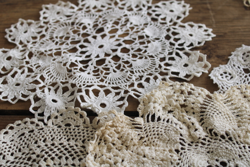 vintage crochet lace doily lot, cottage style shabby chic lace doilies small sizes