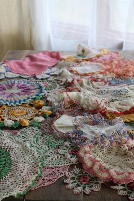 vintage crochet lace doily lot in pretty colored thread, flower doilies and table mats