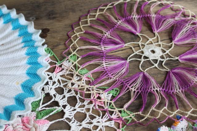 vintage crochet lace doily lot in pretty colored thread, flower doilies and table mats