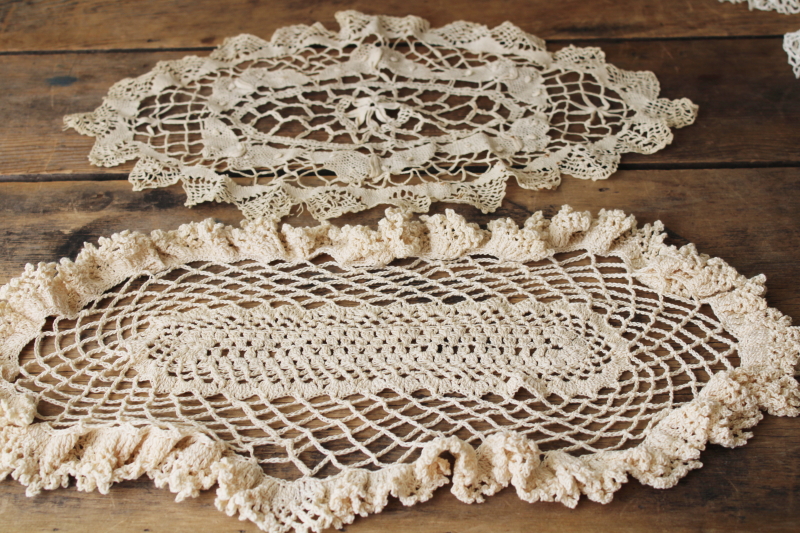vintage crochet lace doily lot, oval doilies, centerpieces, table mats