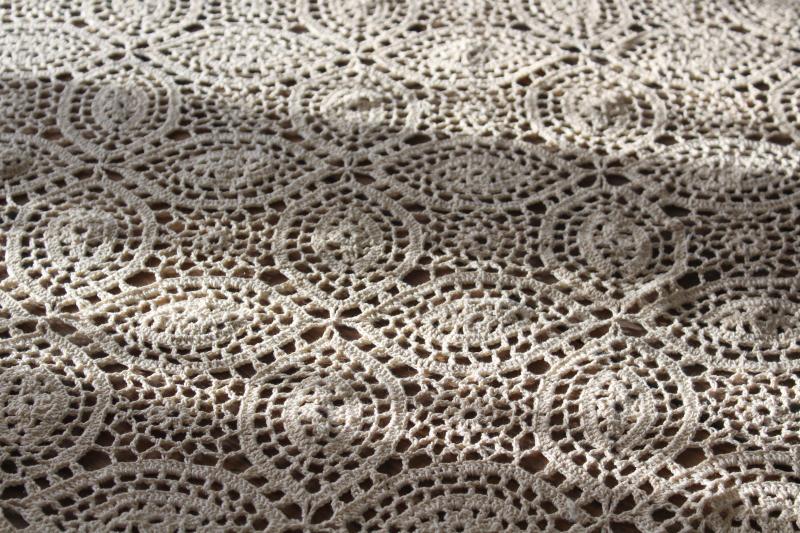 vintage crochet lace fringed table cover or throw, creamy ivory cotton lace tablecloth